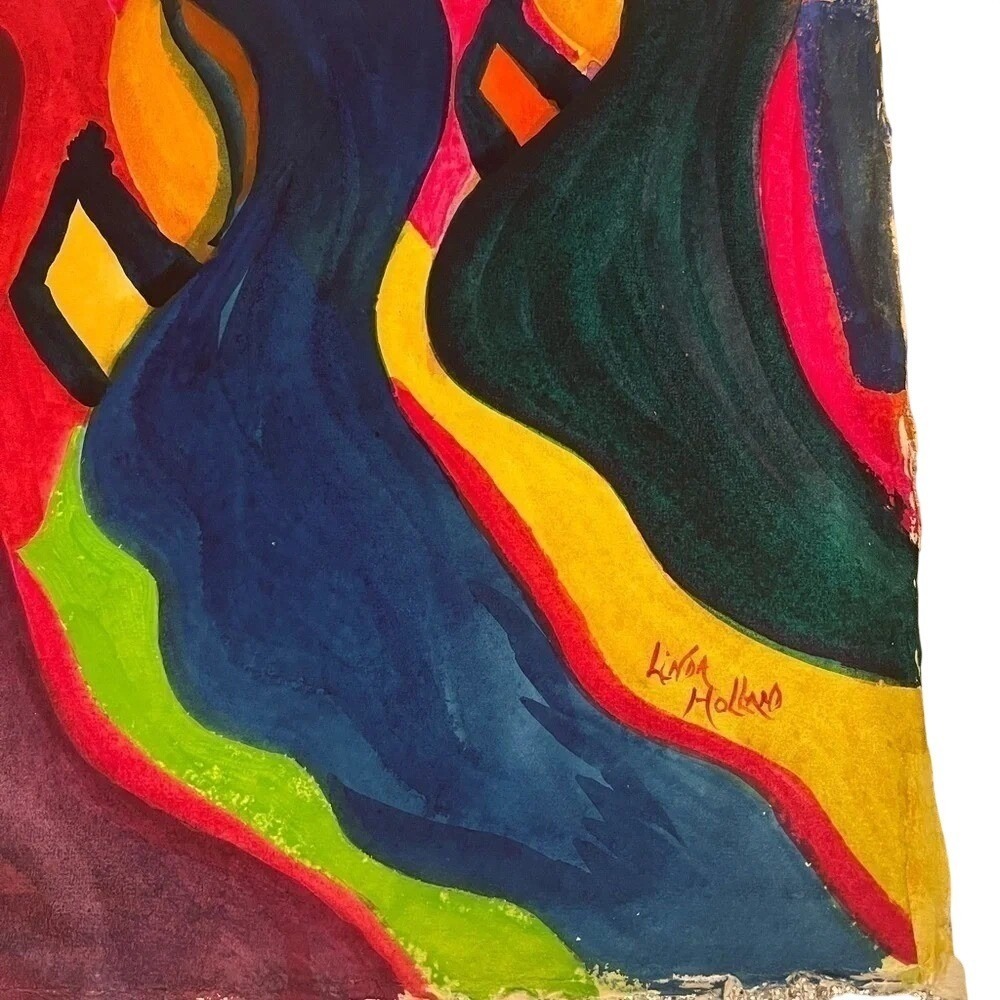 Original Watercolor Painting Abstract Figures Colorful Deckle Edge Unframed - Picture 3 of 6